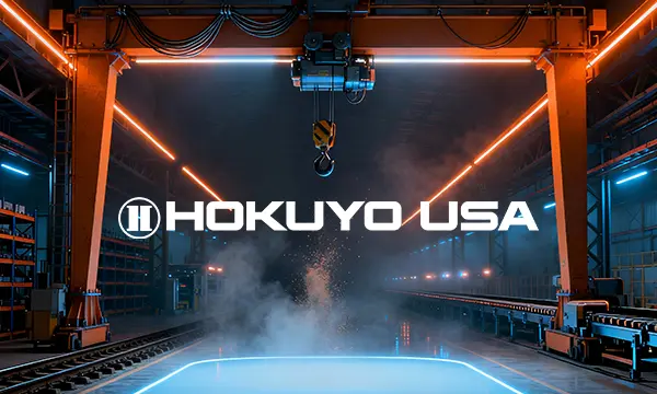 Modern industrial warehouse interior with an overhead crane, steel structures, and dramatic orange and blue lighting.